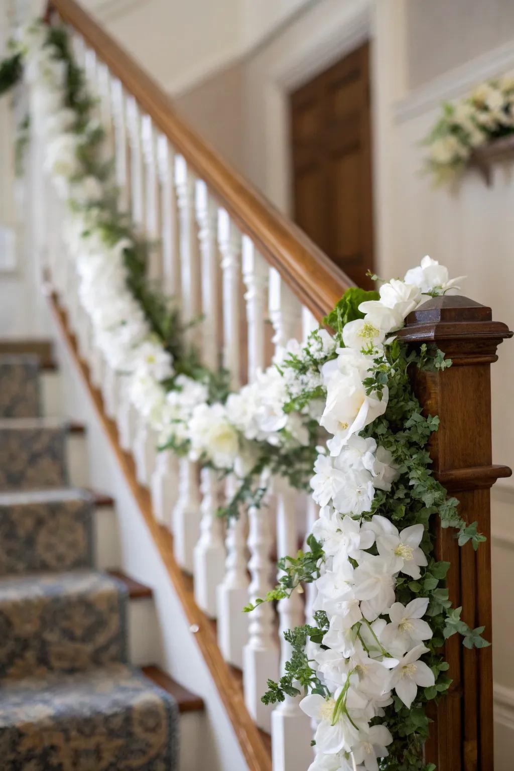 An ivory flower garland crafting a majestic staircase entryway.