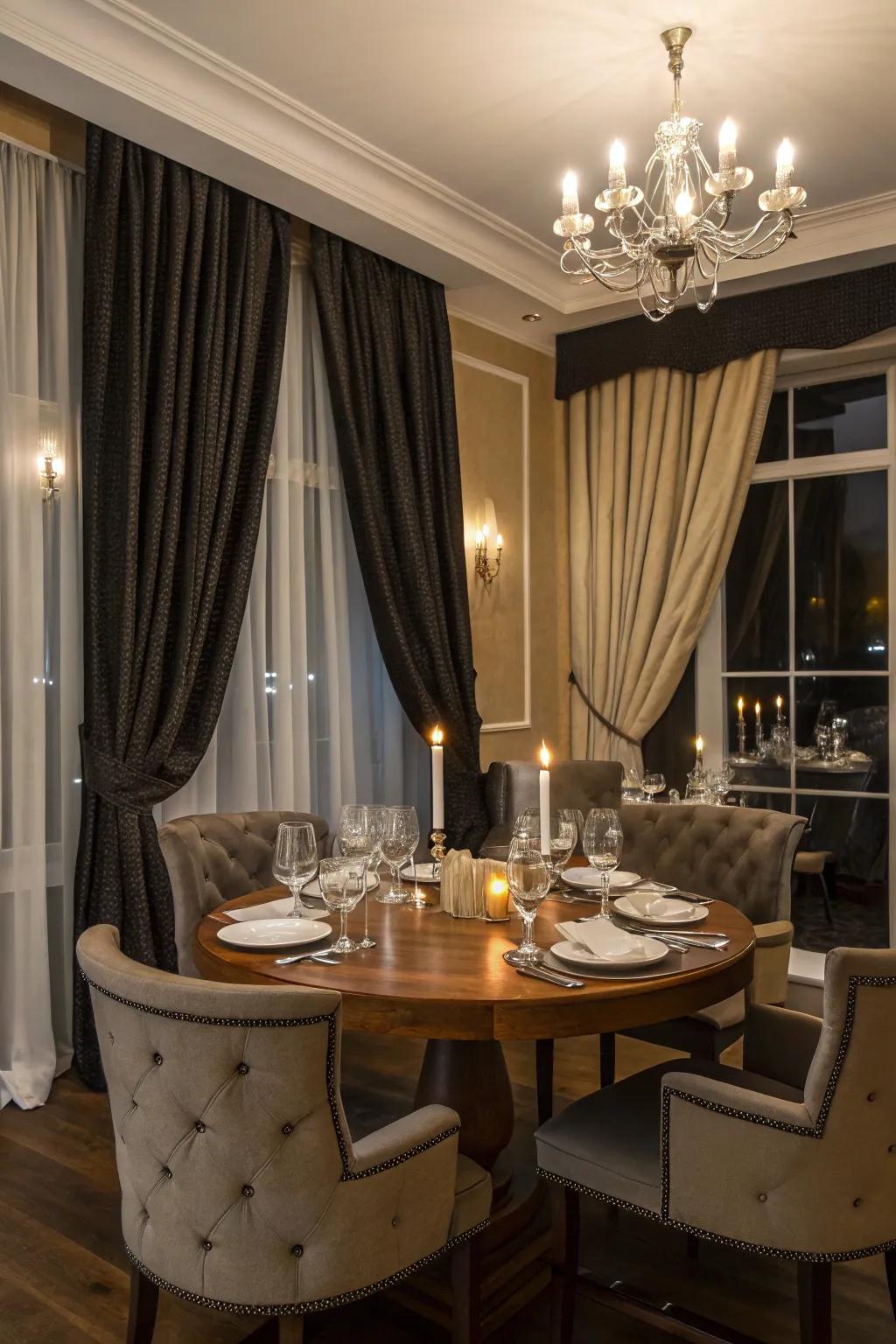 Blackout curtains add privacy and style to this elegant dining room.