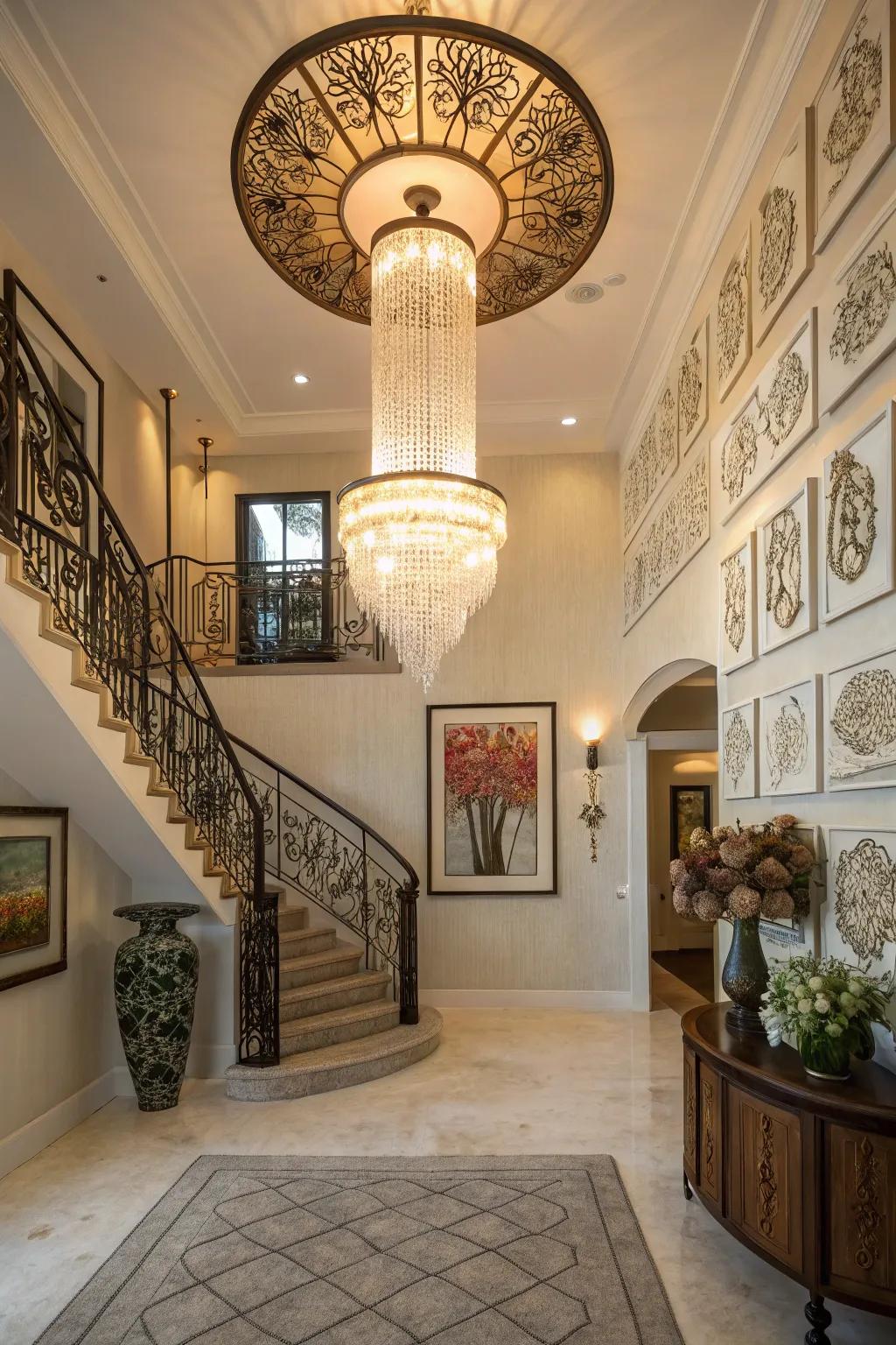 A custom-designed chandelier incorporates personal flair to this unique foyer.