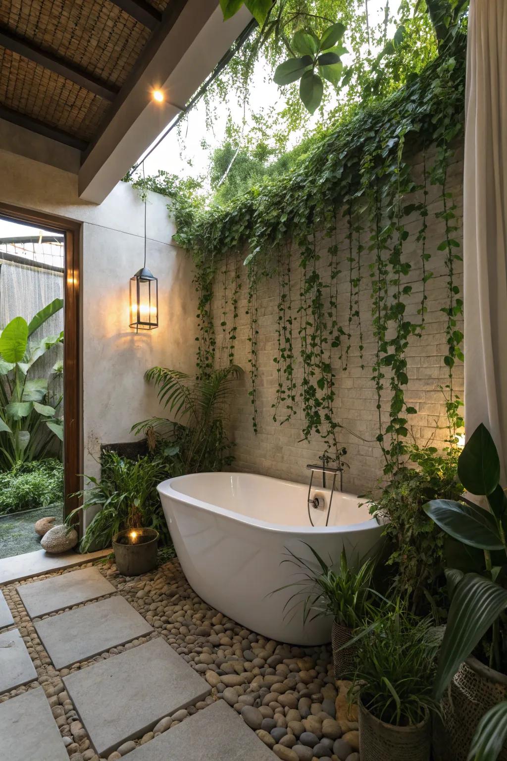 A bathroom oasis with a freestanding tub surrounded by lush greenery.