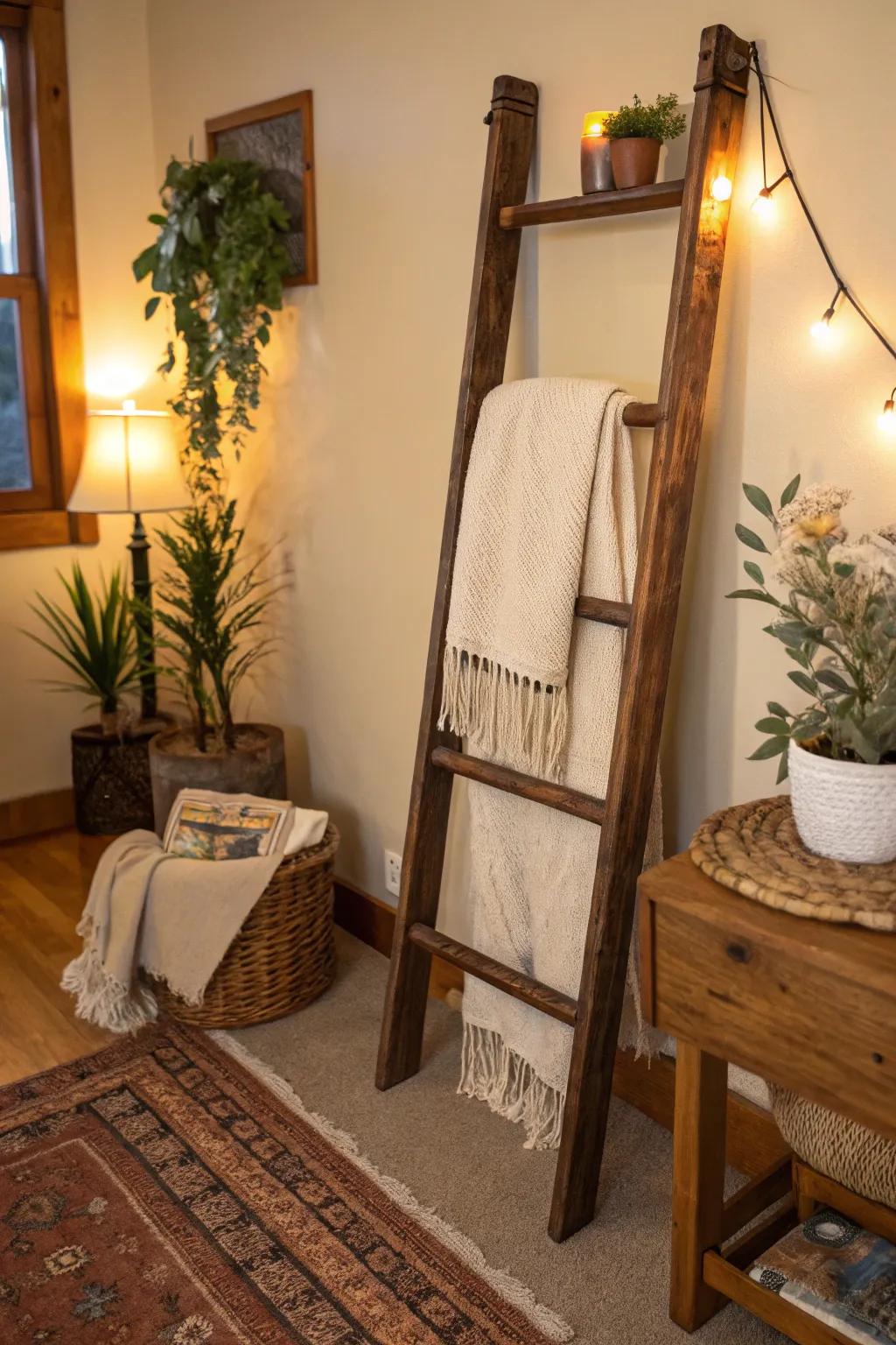 An old ladder creatively repurposed as a charming throw holder.