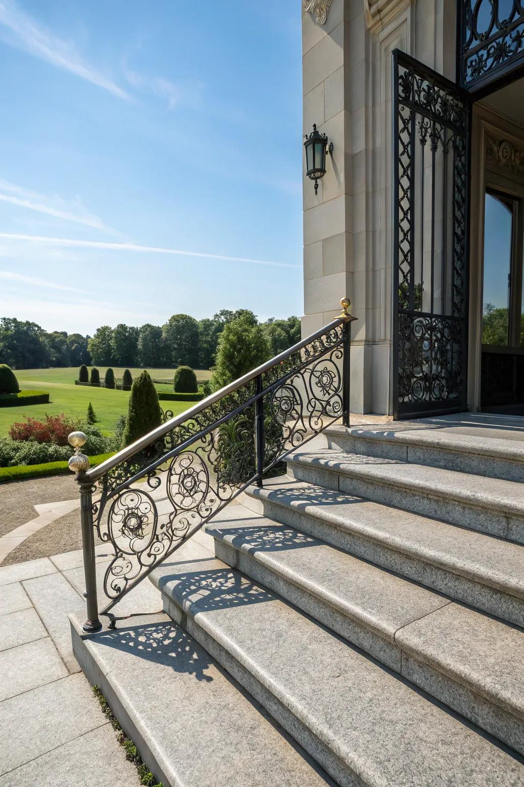 Ornamental railings enhance stone steps.
