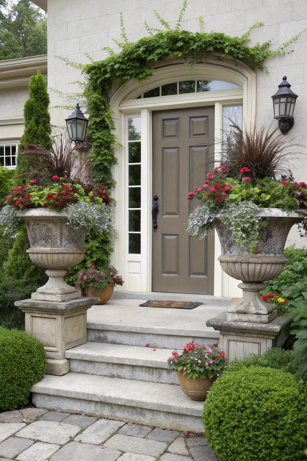 Make a dramatic statement with tiered urn arrangements.