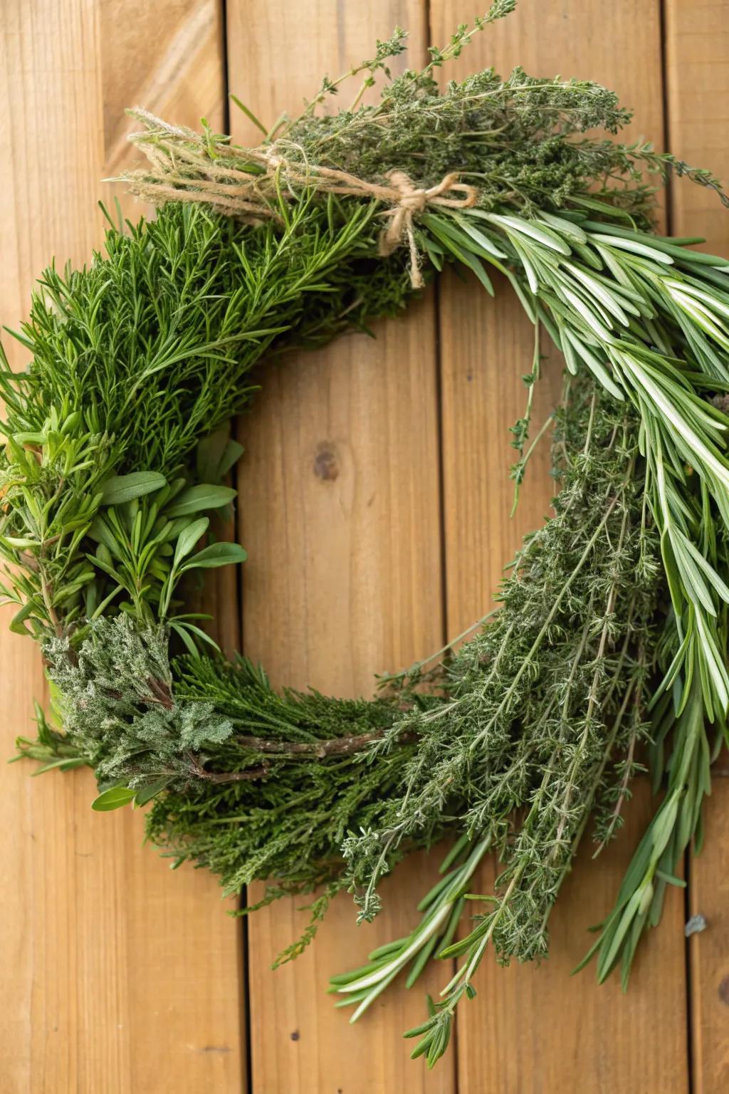 An herb garden wreath, a fragrant testament to beauty and the bounty of nature.