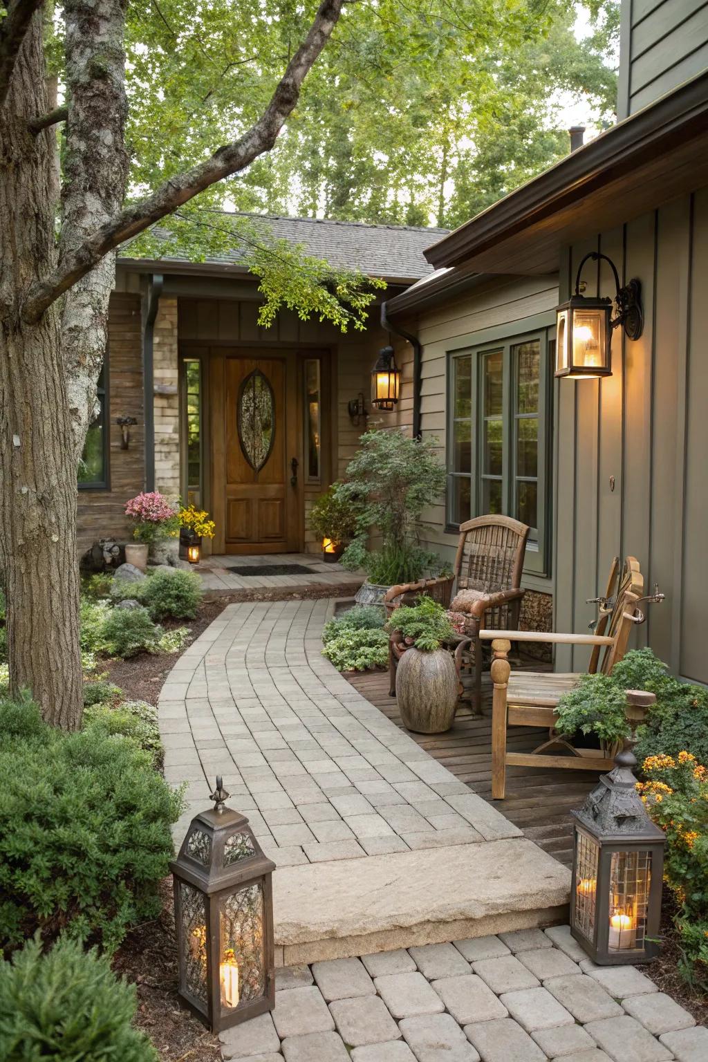 Textured wood-style pavers for a rustic yet modern entrance.