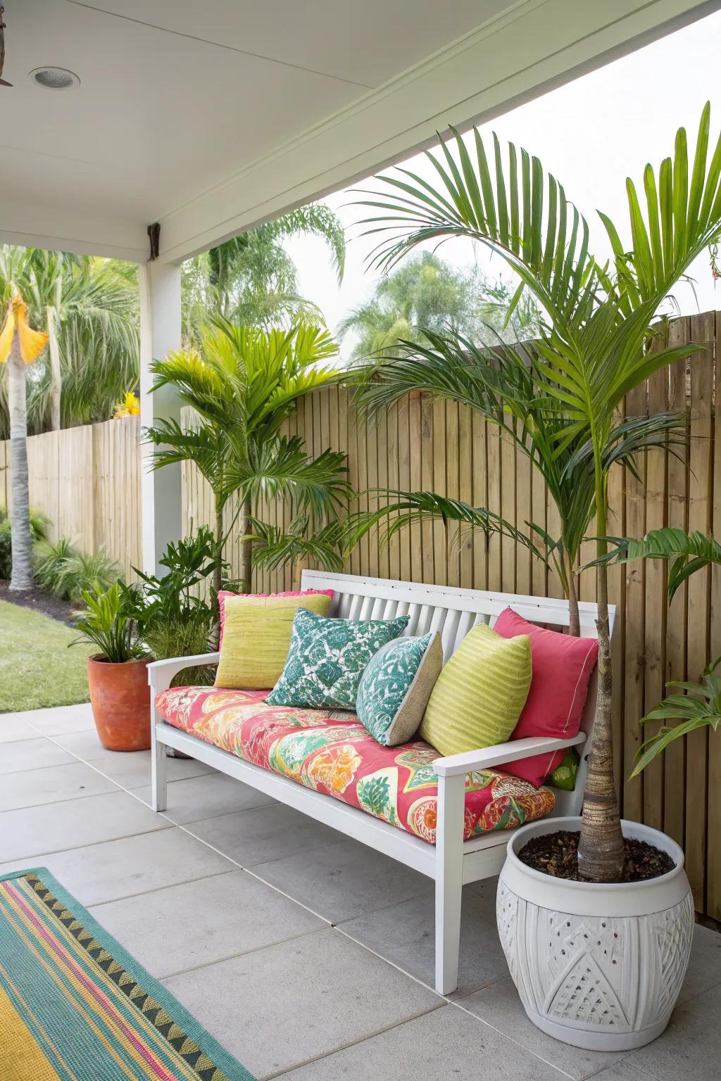 Vibrant colors and rich plants conjure a tropical sanctuary.