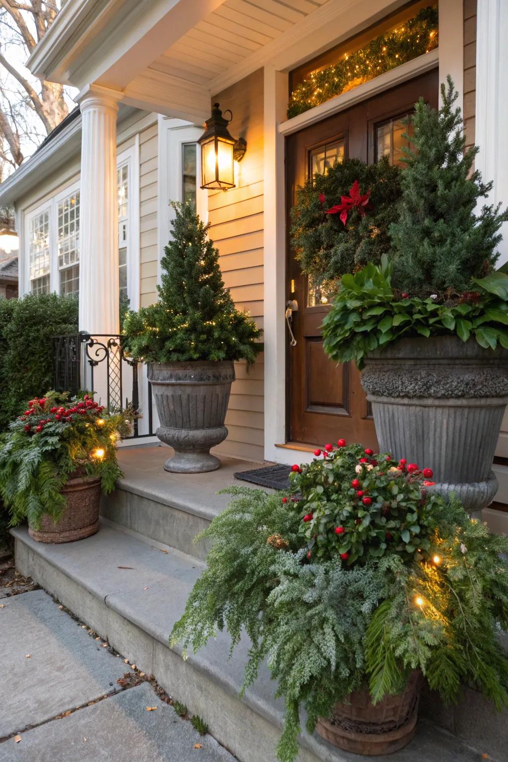 Container shrubs alongside winter verdure contribute revitalization upon your deck.