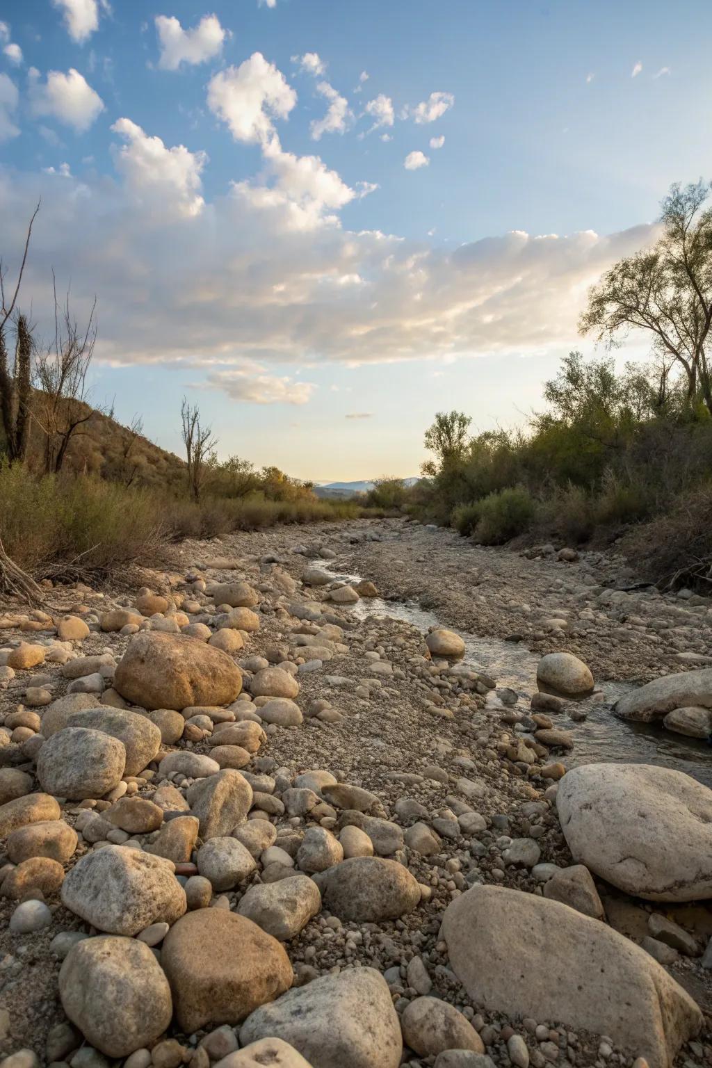 A rocky waterway appearance brings a realistic, rugged texture to your stream bed.