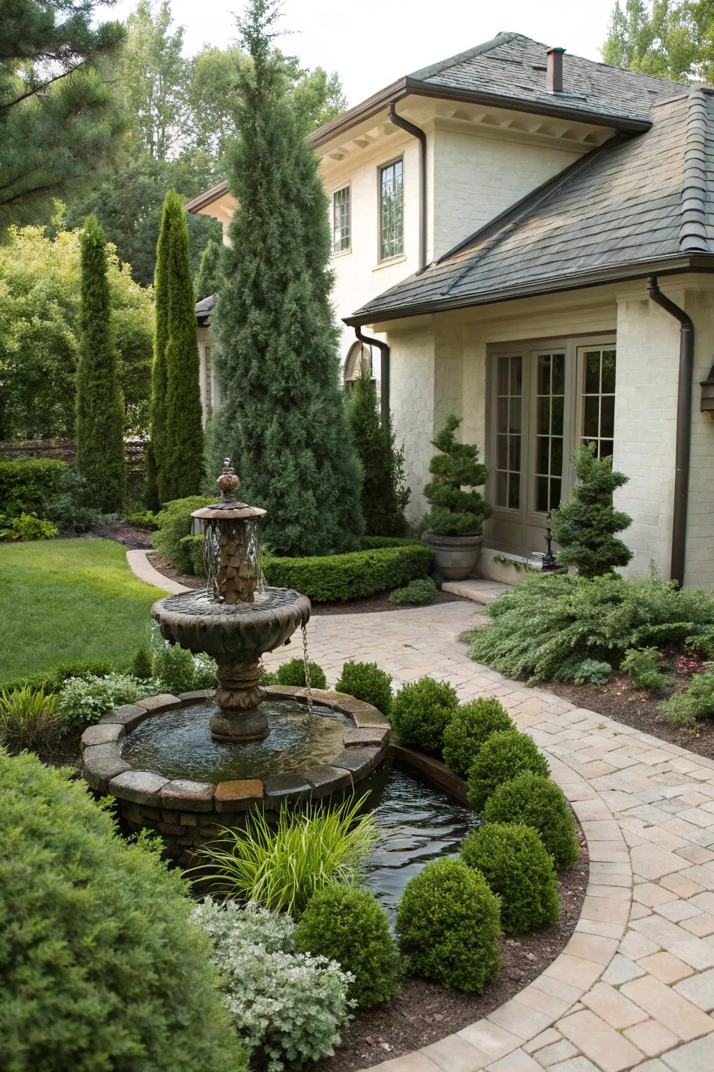 The evergreen landscape is made more tranquil by a water feature.