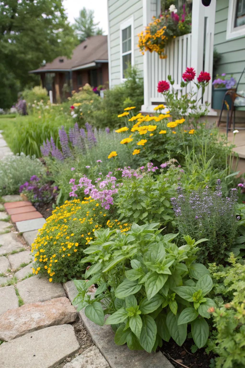 Herbs and flowers together provide both aesthetic appeal and utility.