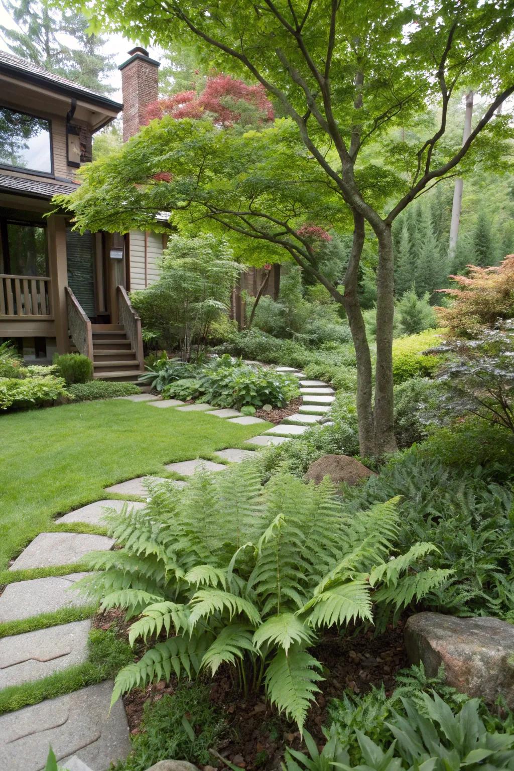 Ferns introduce lush dimension and complement the Japanese maple's refined form.