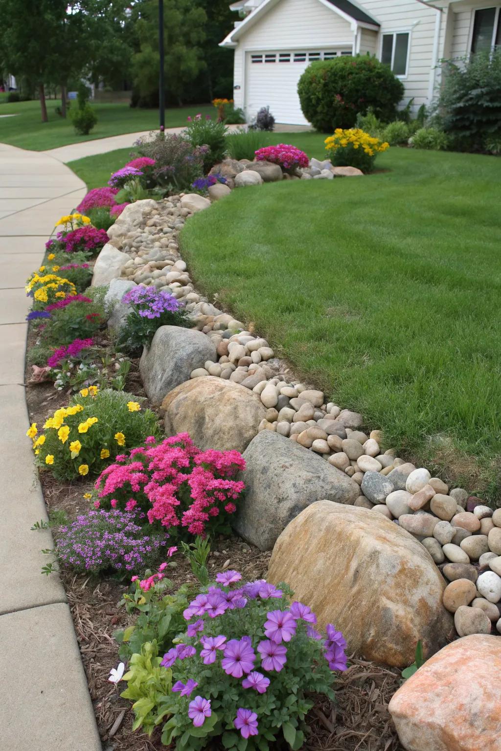 Stone borders delineating spaces around flower beds in a cohesive garden design.