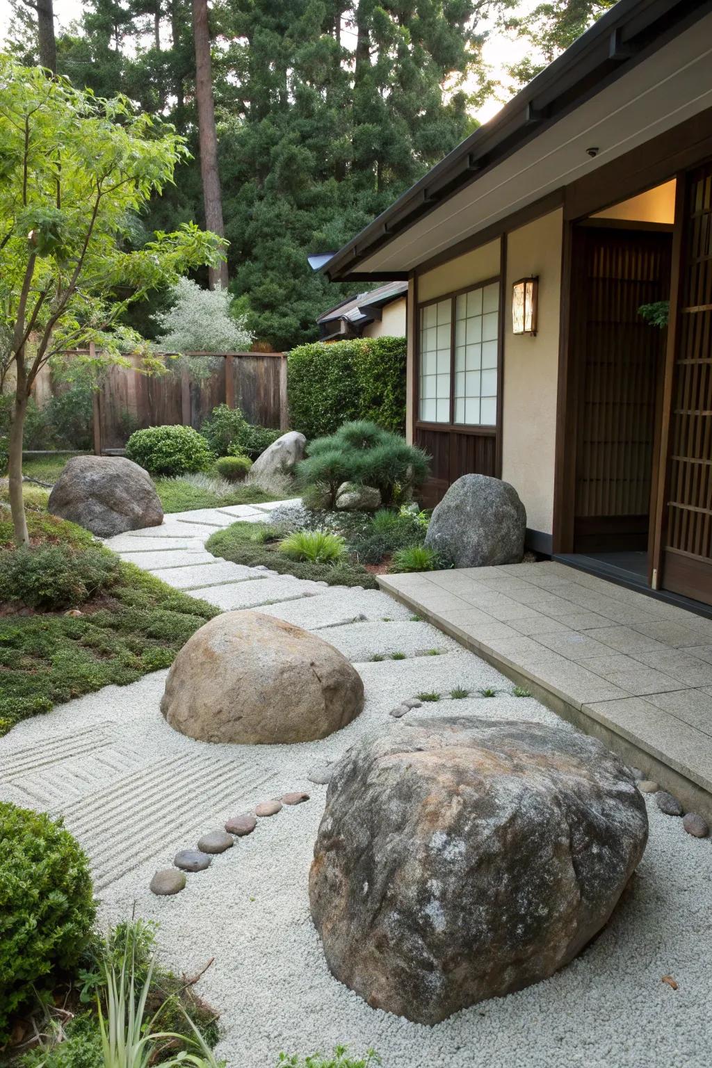 Find peace in a Zen-inspired sanctuary that incorporates large stones.