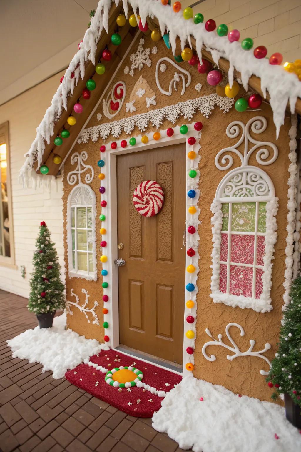A gingerbread dwelling portal adornment proffers a saccharine and celebratory reception.