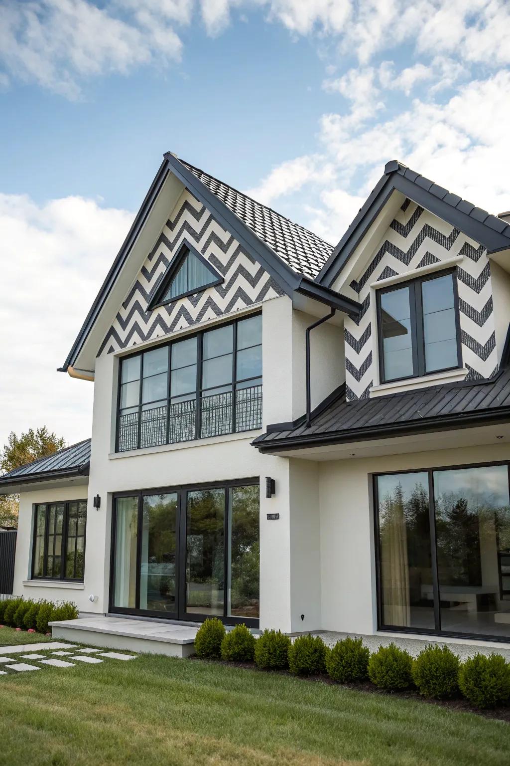 Chevron patterns add modern style to gables.