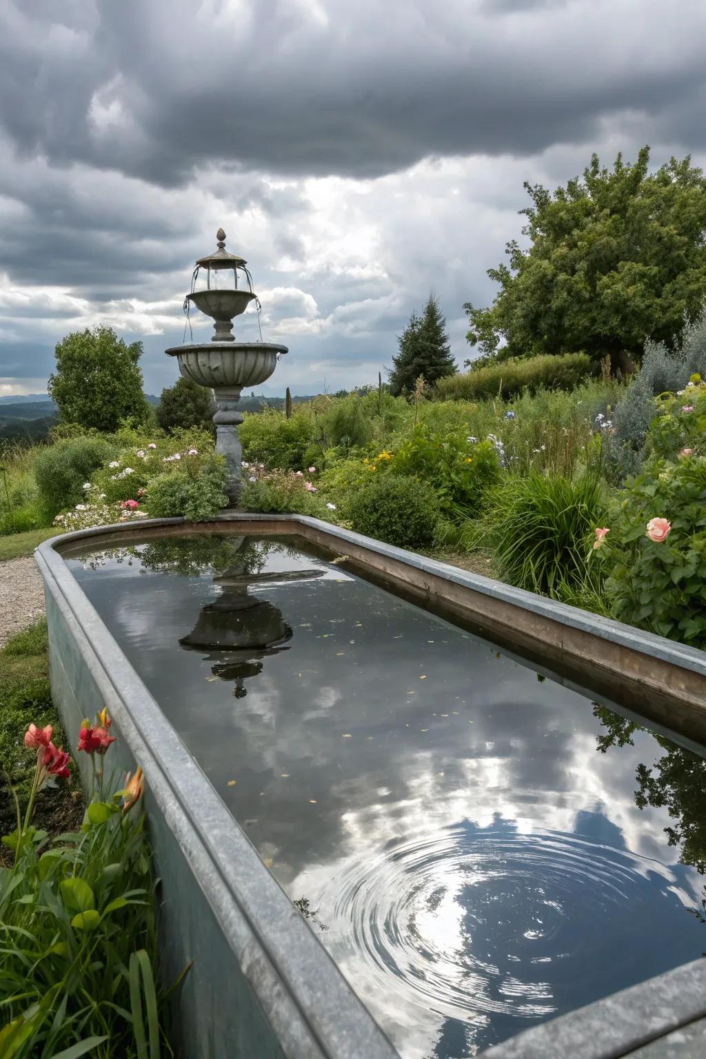 A reflective plane establishes a mirror impression in a basin fountain.