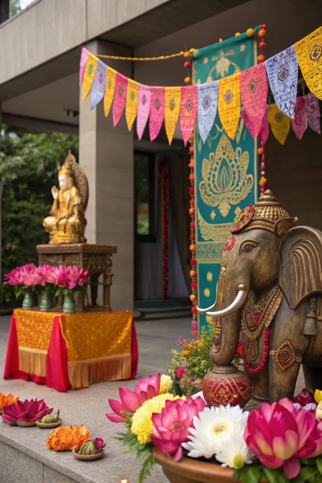 Traditional motifs like elephants and lotus blossoms enriching the cultural vibe of the festival decor.