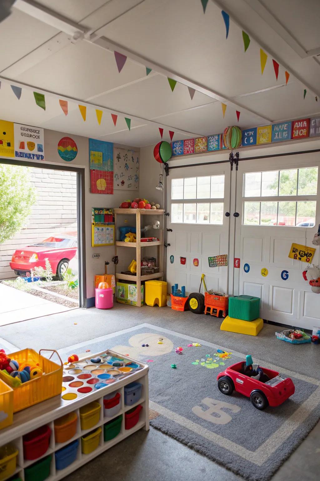 A fun and safe area for kids inside a garage.