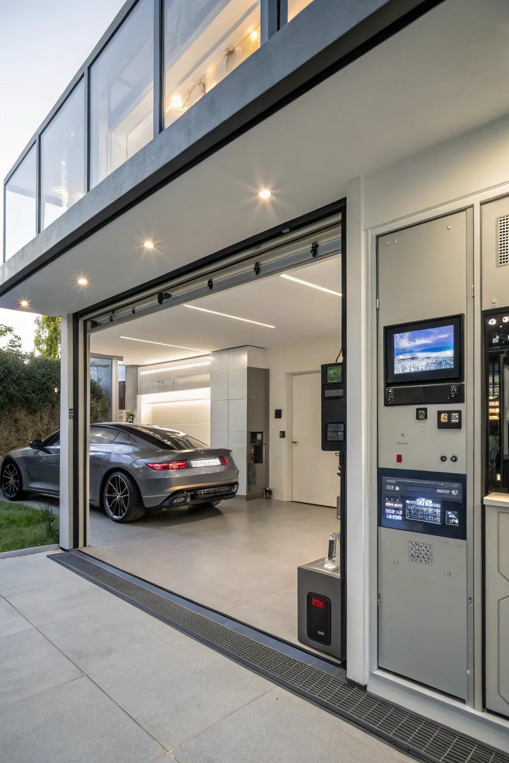 A cutting-edge garage equipped with the latest smart technology features.
