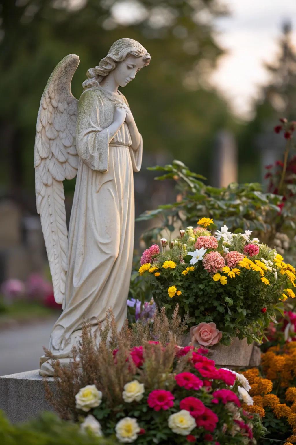 Statue nestled within fragrant flowers.