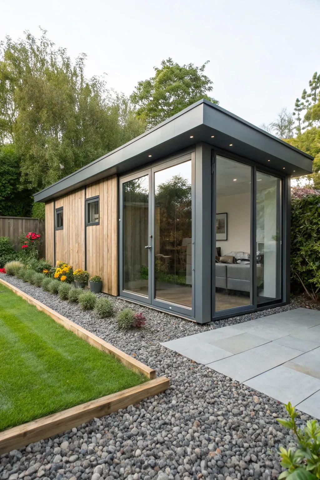 Frame your garden studio with sleek stone shards for a modern touch.