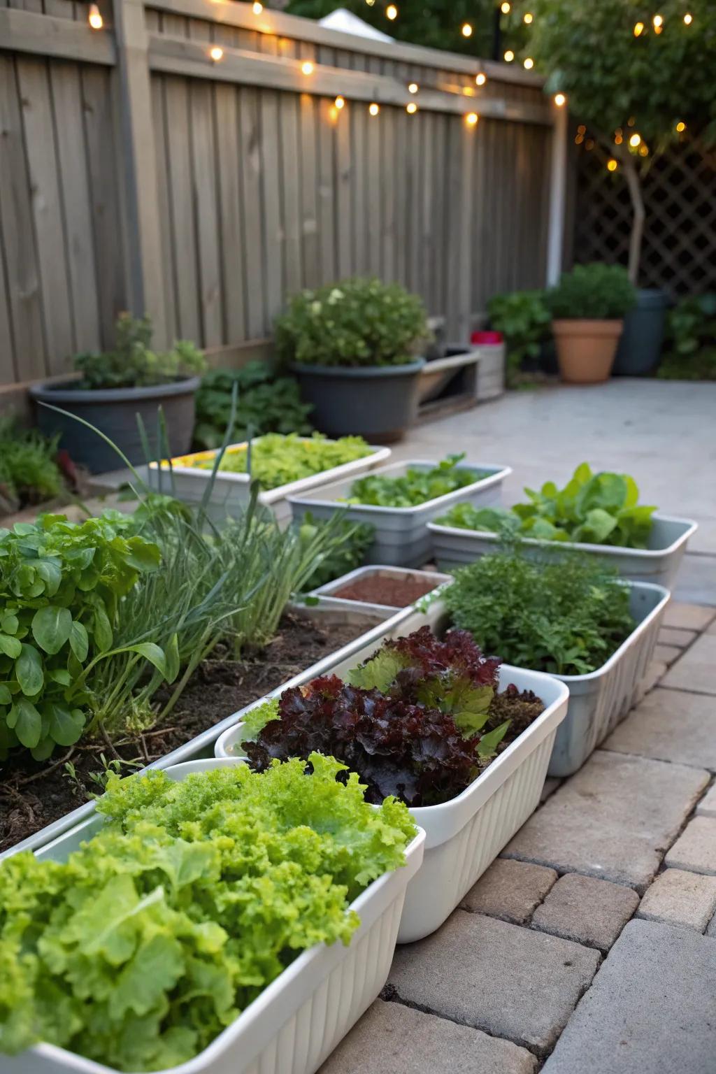 Flat containers with fresh lettuce and herbs.