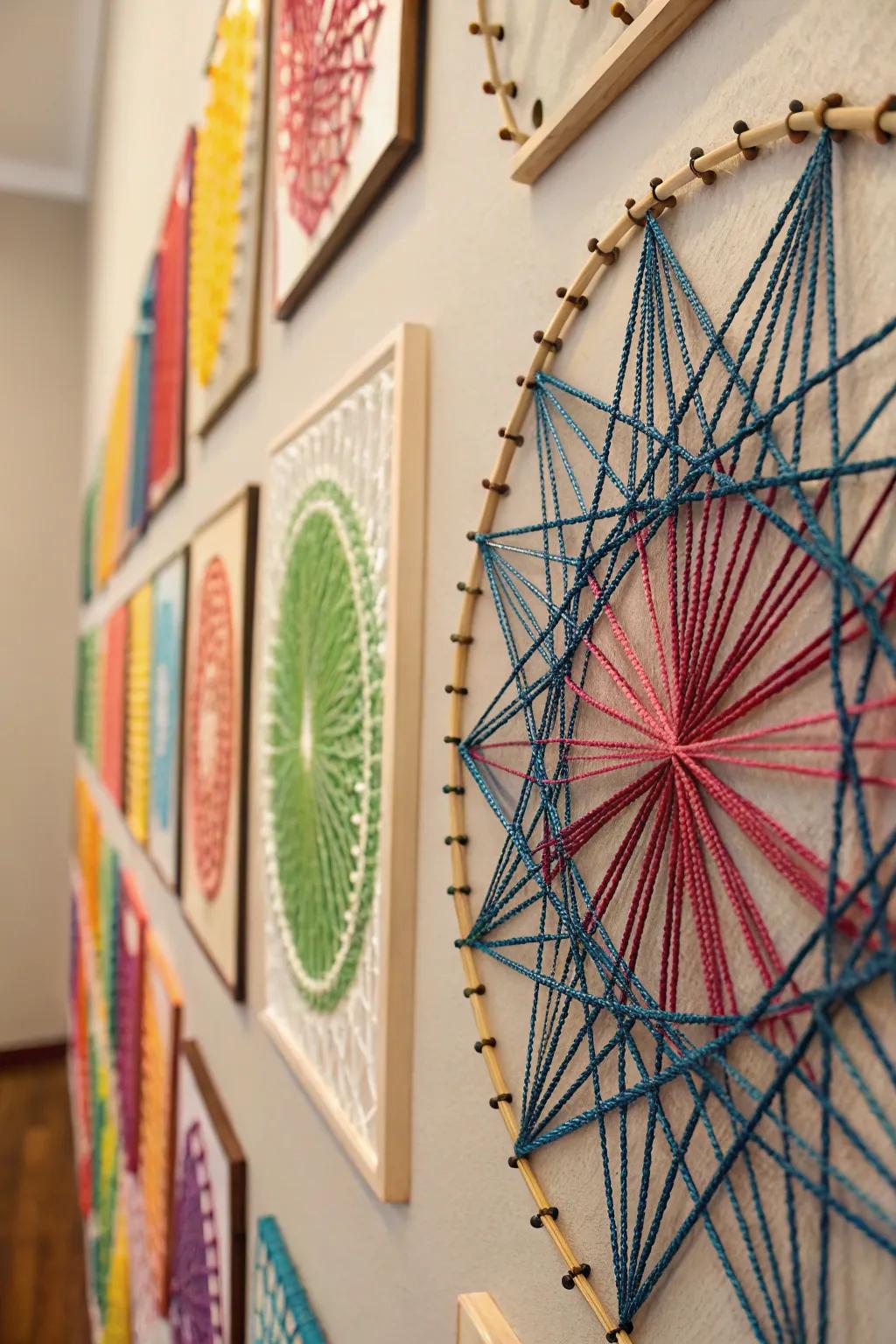 Thread artwork introduces texture and a hands-on flourish to geometric ornamentation.