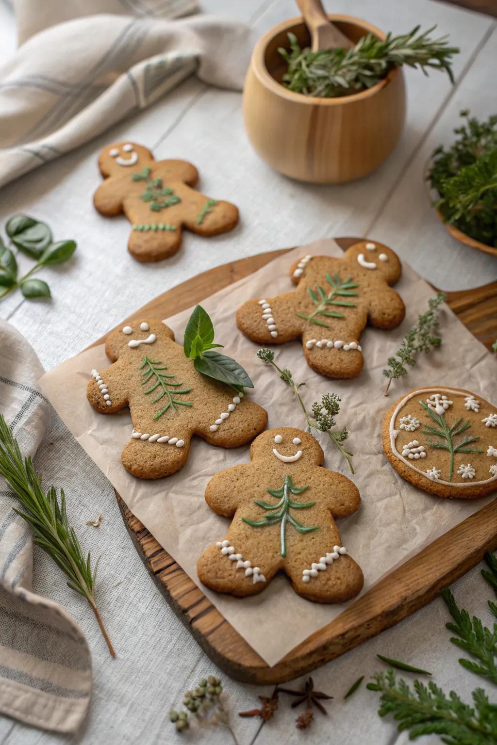 Herb-infused gingerbread figures proffering a fresh perspective on holiday flavors.