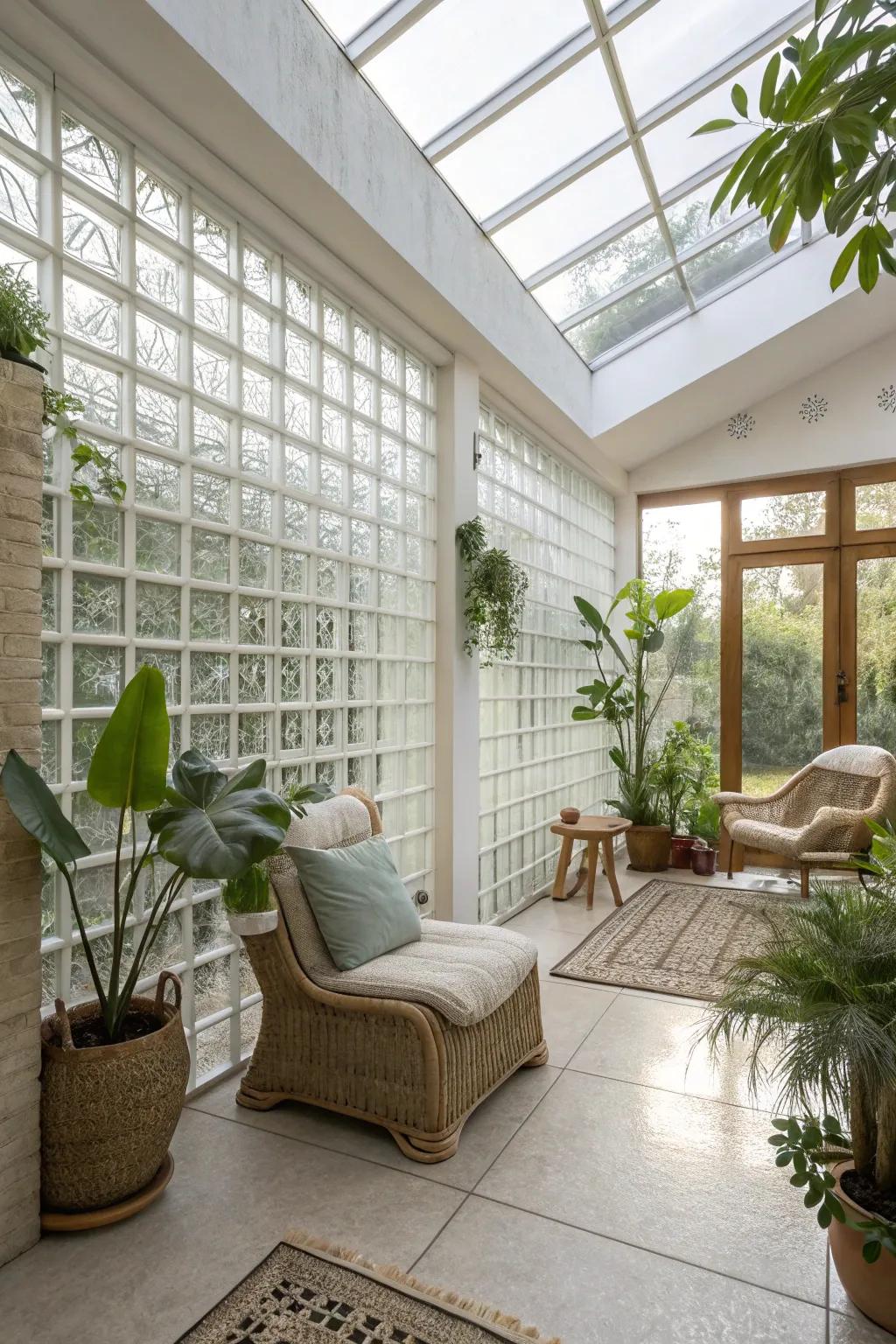 An eco-friendly home interior featuring transparent block walls, optimizing natural light and enhancing energy efficiency.