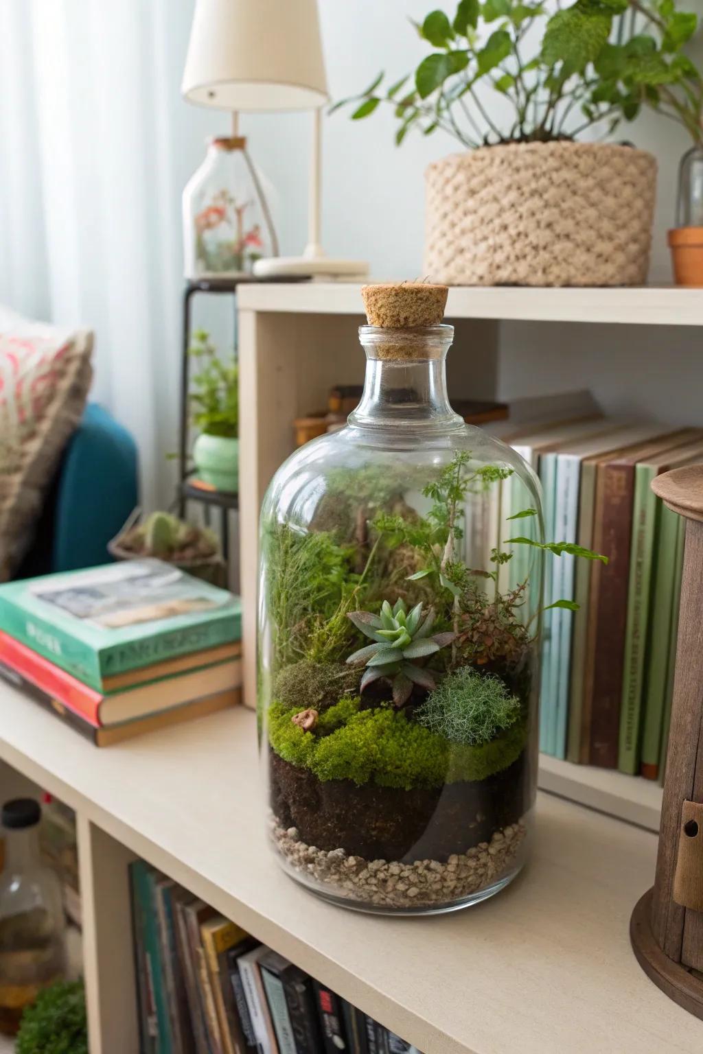 Miniature world greenhouses delivering a magical appearance inside a container.