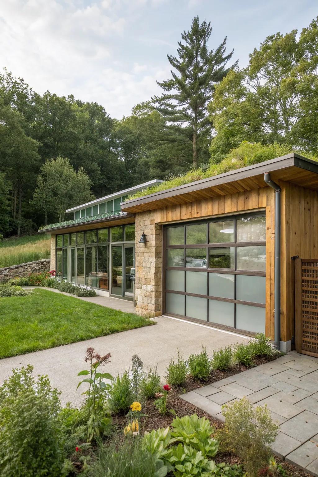 A sustainable home design featuring a glass panel entryway.