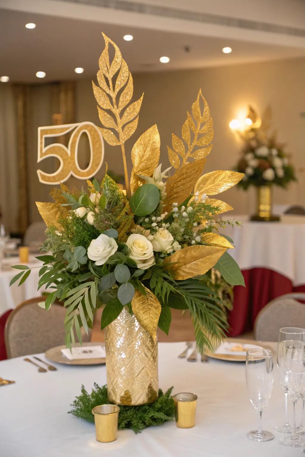 Bouquets enriched with gold-painted leaves, infusing tables with a sense of verdant opulence.