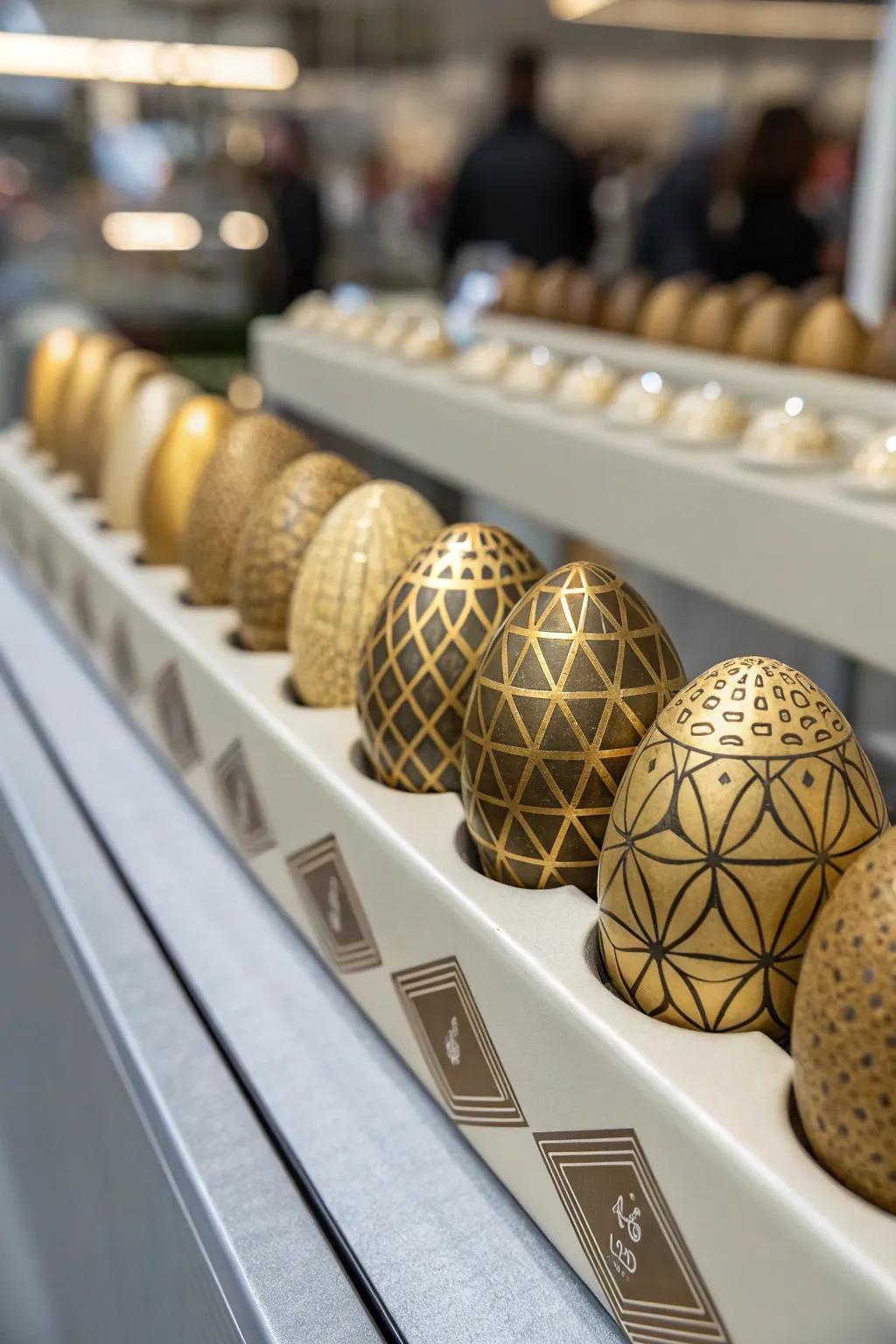 Gilded eggs with geometric sketches offer a contemporary flair.