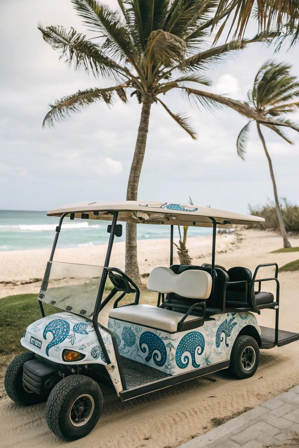 Start a marine adventure through ocean-themed golf cart embellishments.