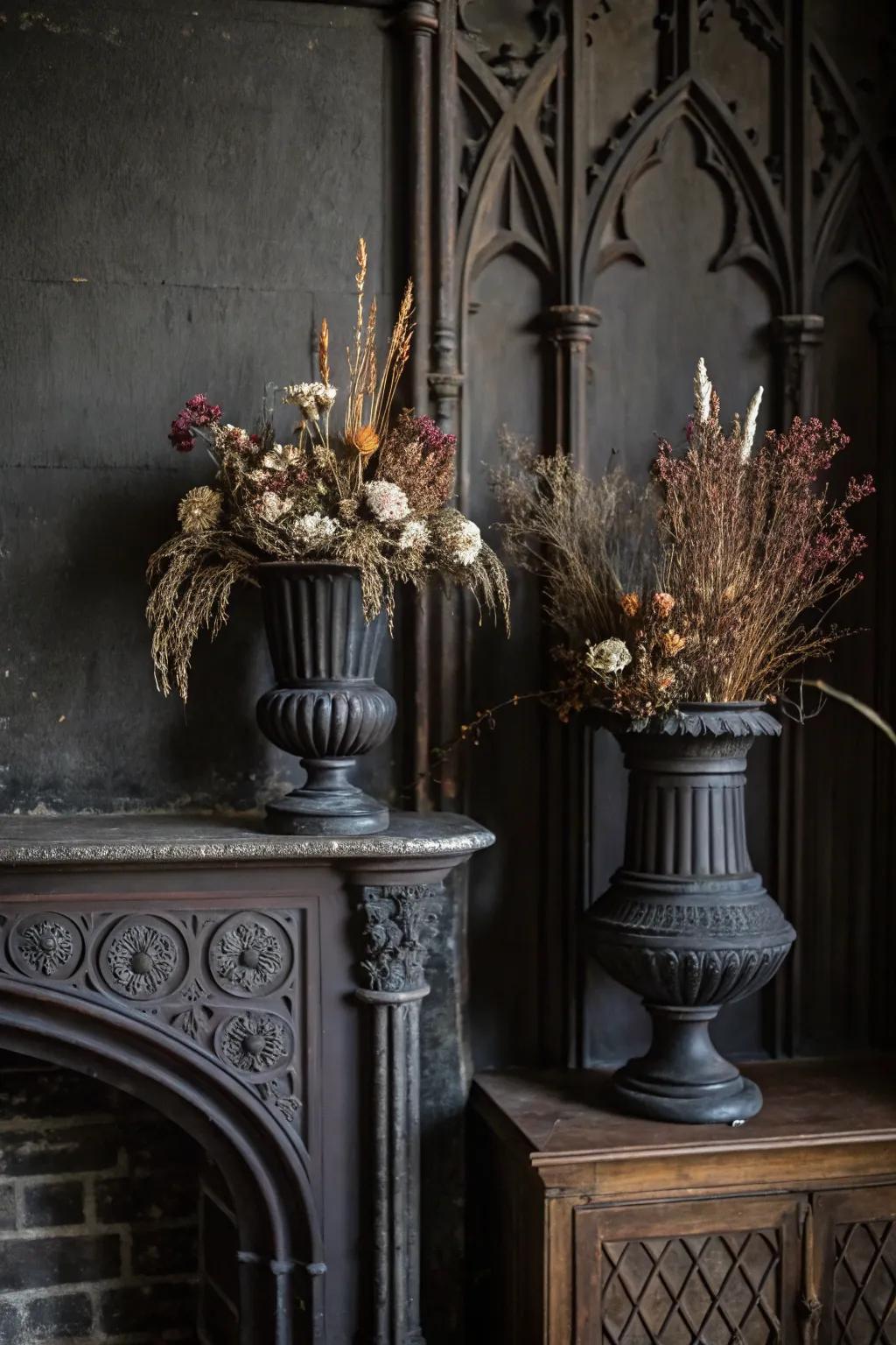 Vases embracing nature’s darker aspect.