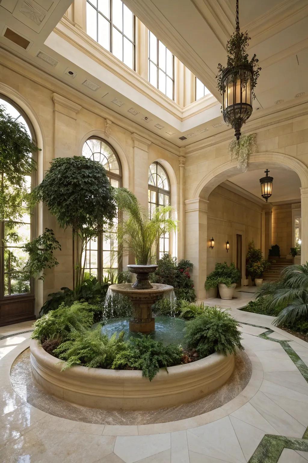 A miniature garden nook brings serenity to a grand foyer.