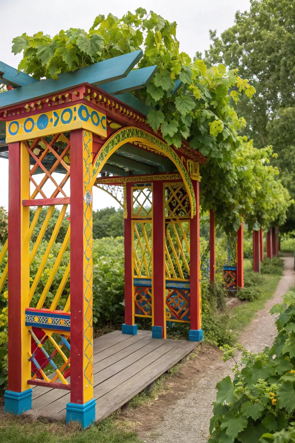 A bright painted shelter adds a lively touch to the garden landscape.