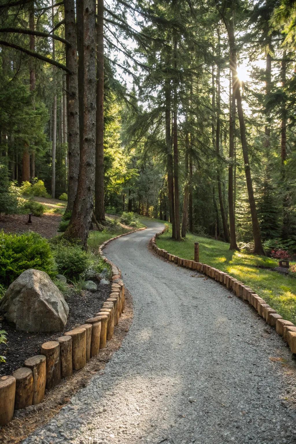 Log edging enriches with a woodland-inspired countryside allure.