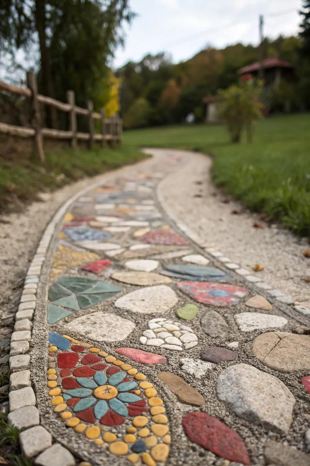 With a mosaic, a gravel path is turned into a work of art.