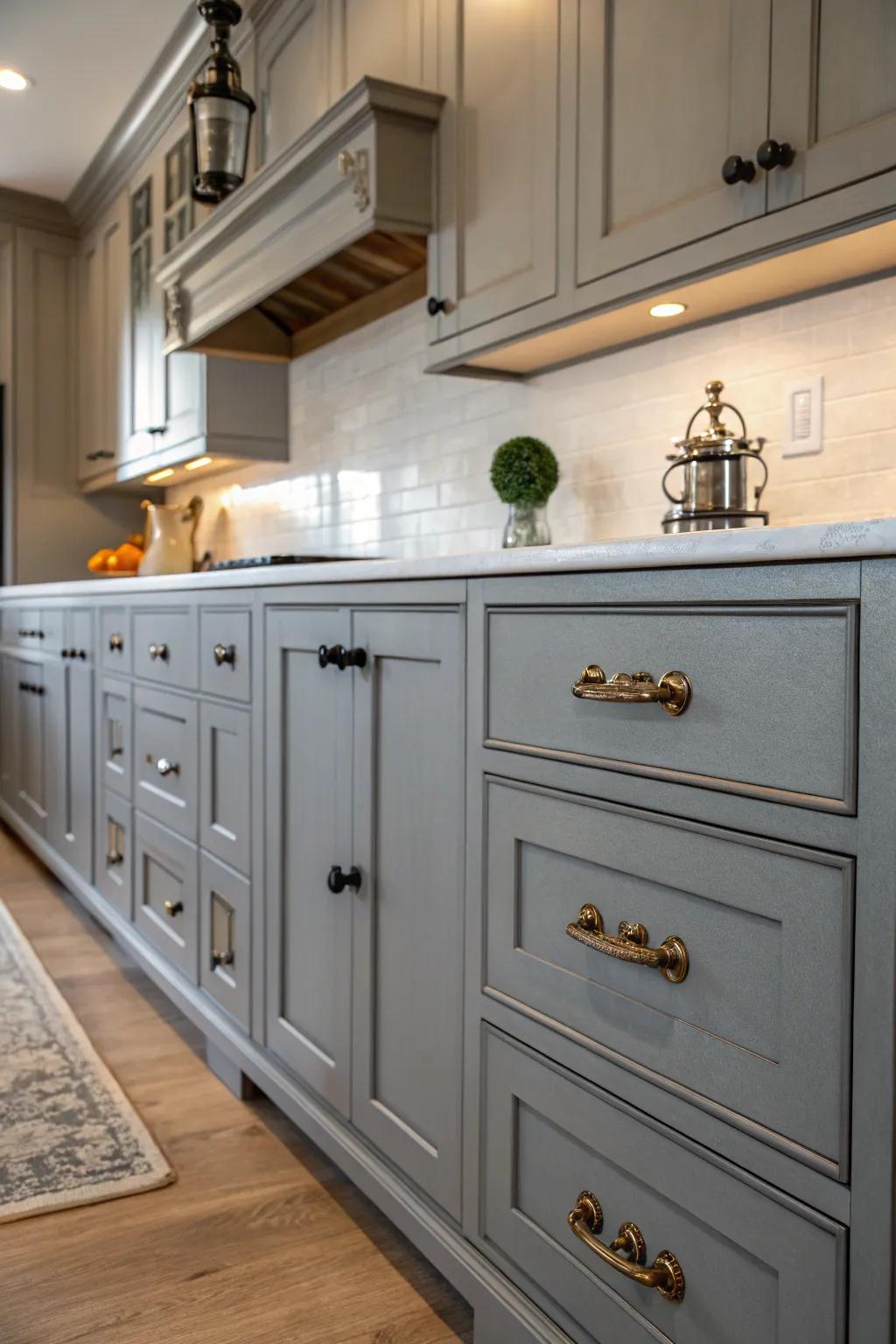 Classic furniture adds charm to gray kitchen cabinets.