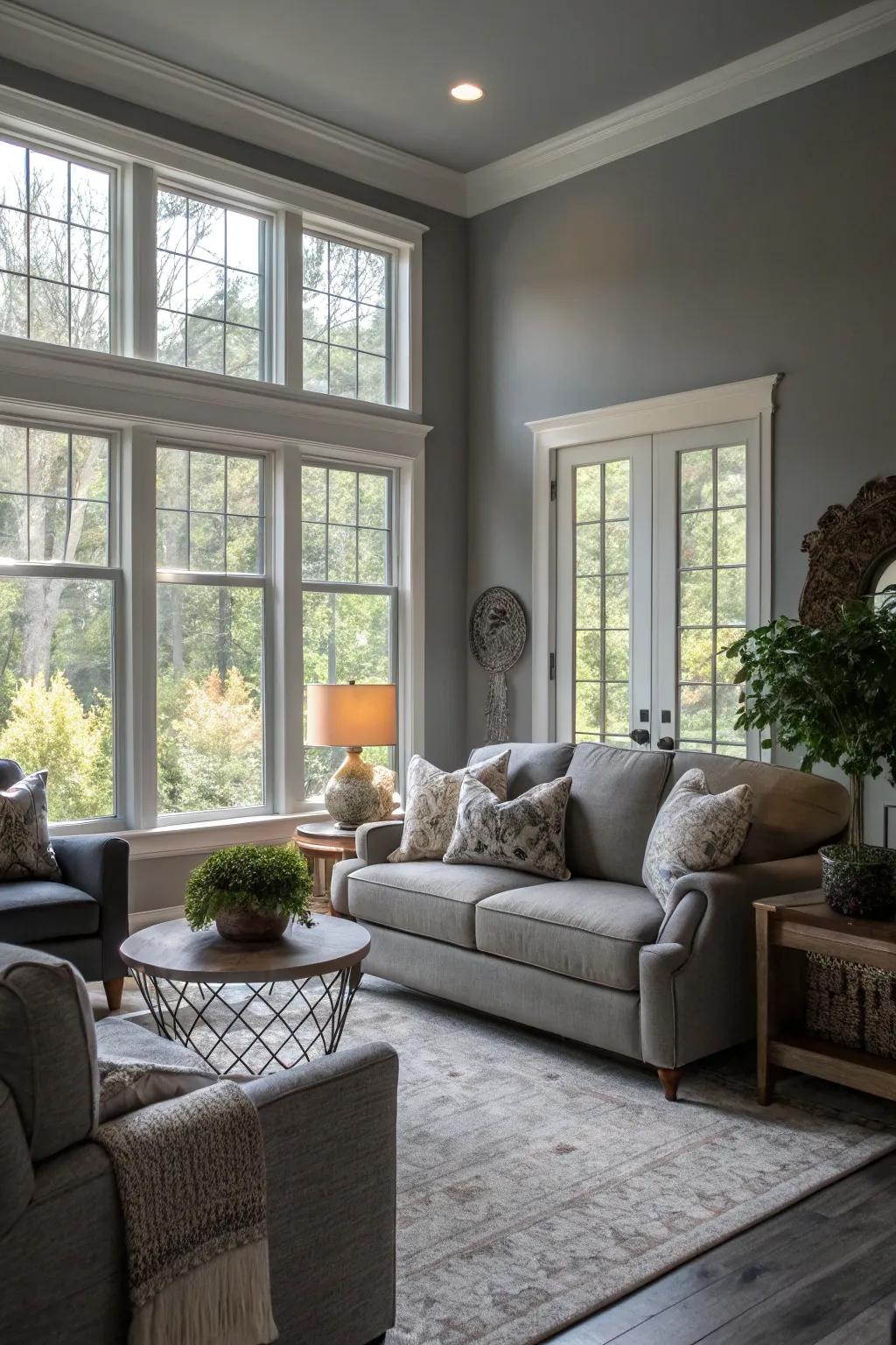 Sunlight enhances the openness of a gray living room.