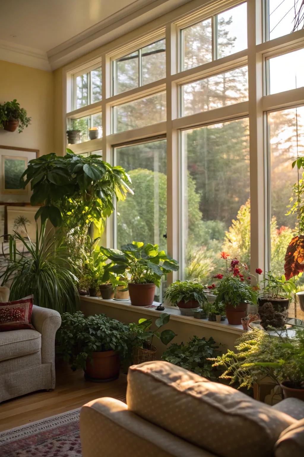 A greenhouse window grants a lively location for indoor planting in this living room.