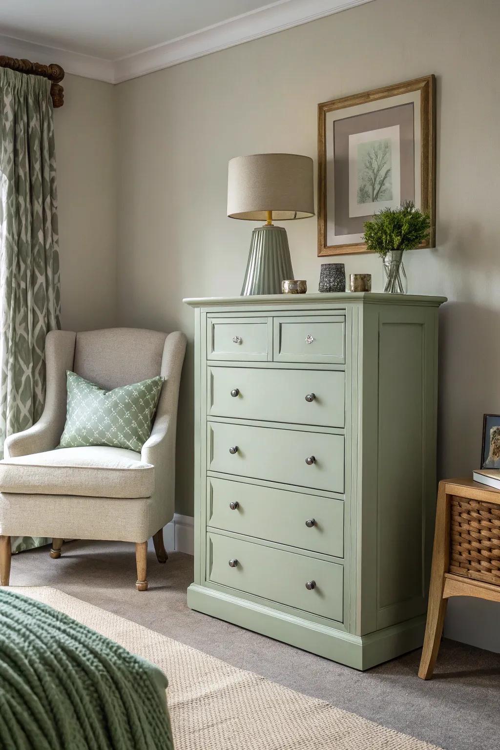 Gentle green furniture adds a fresh and modern touch to the space.