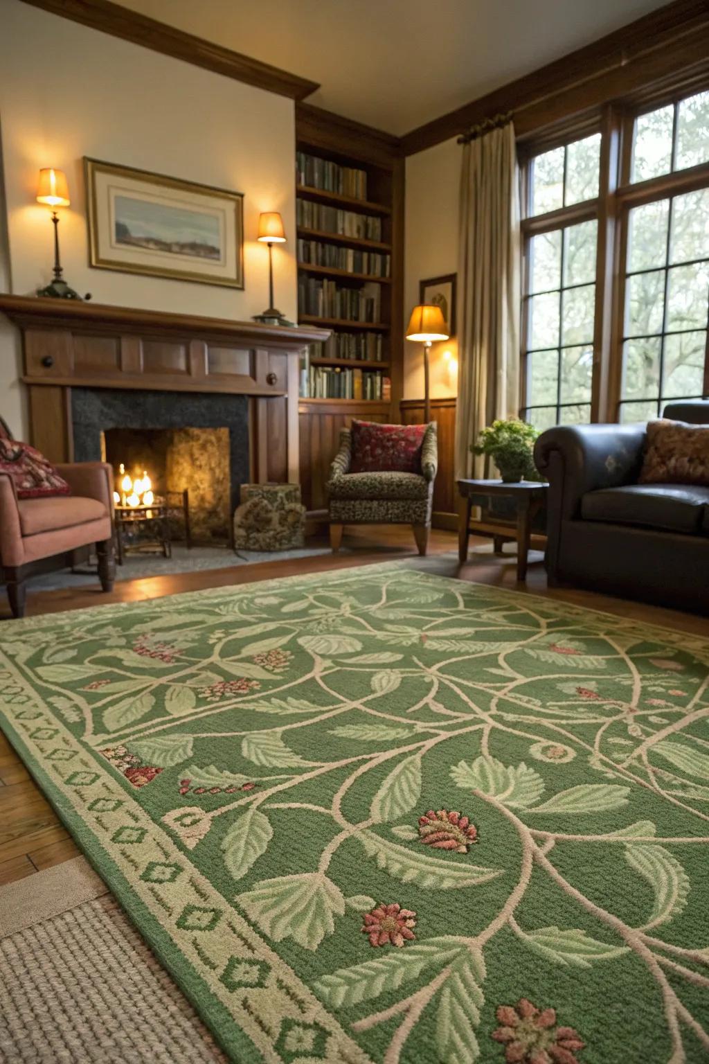 A green rug anchors the room and brings warmth and texture.