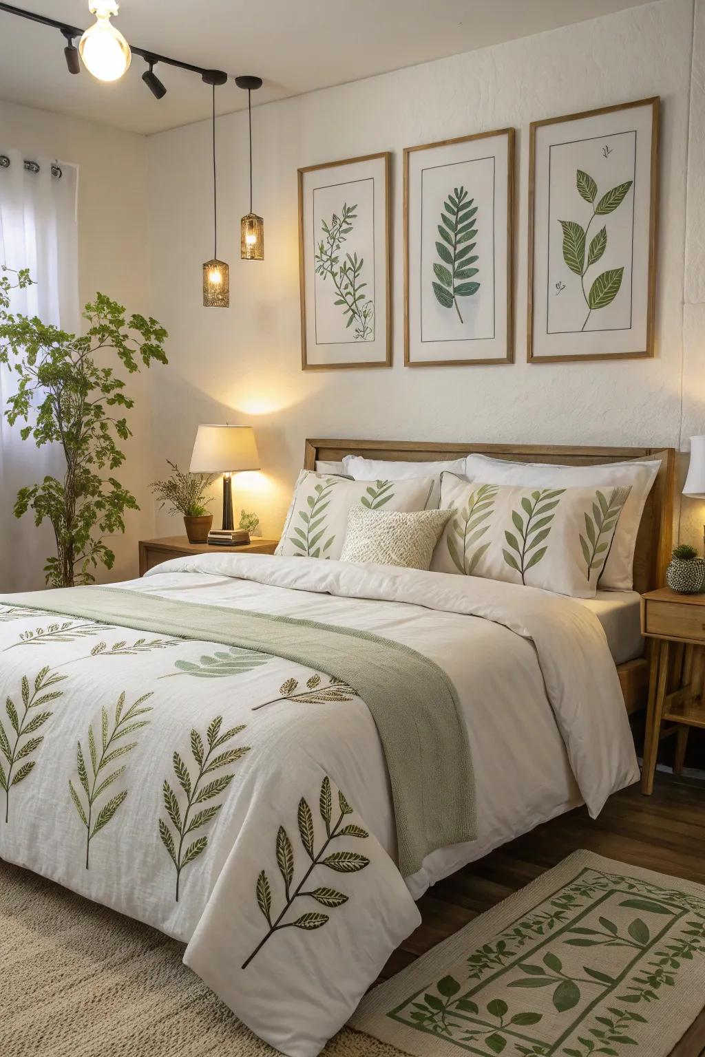 Leafy accents in the bedroom create a peaceful sanctuary.
