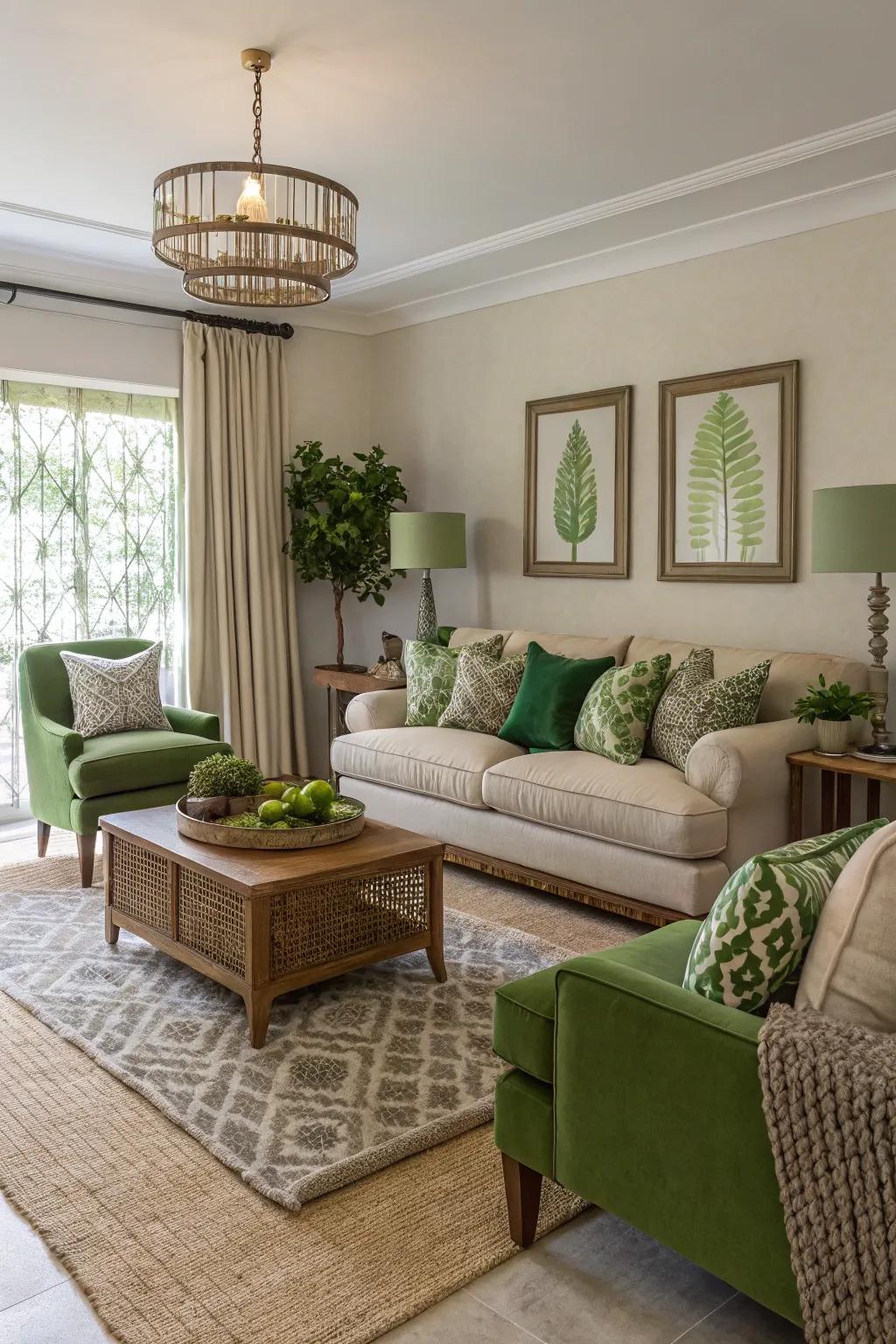 Green and neutrals offer a sophisticated, timeless equilibrium.