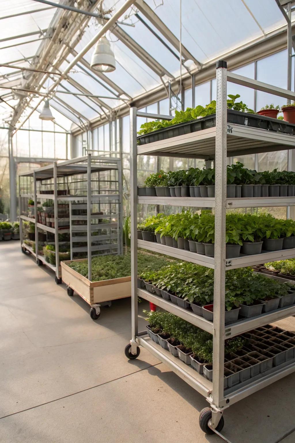 Movable shelving on wheels designed for easy reconfiguration.