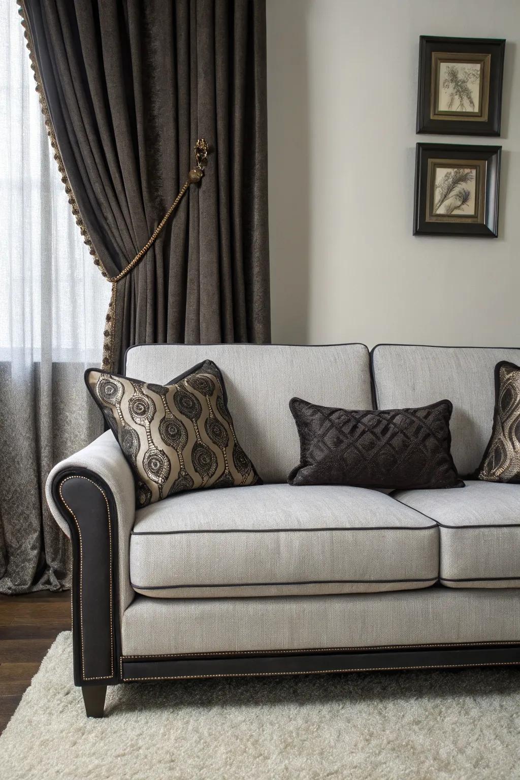 Dark accents provide a striking contrast to a charcoal sofa.
