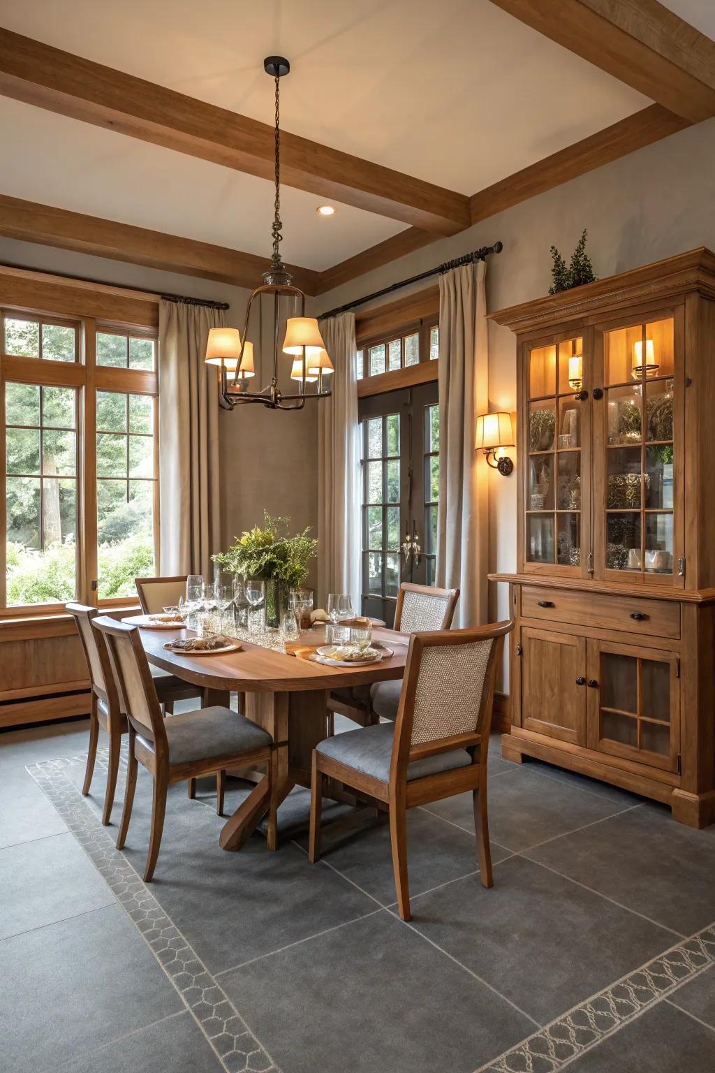 Greyish flooring paired with natural lumber crafts a harmonious dining space.