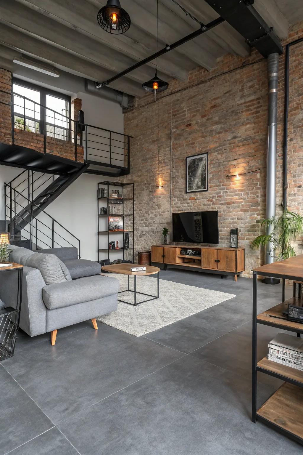 Plant-inspired details add an edge to grey flooring.